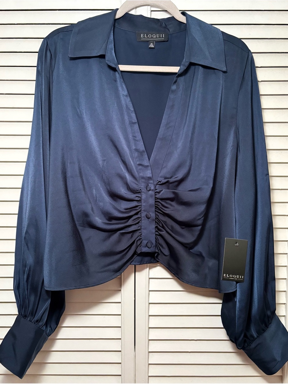 Eloquii Satin Navy Ruched Button-Front Shirt
